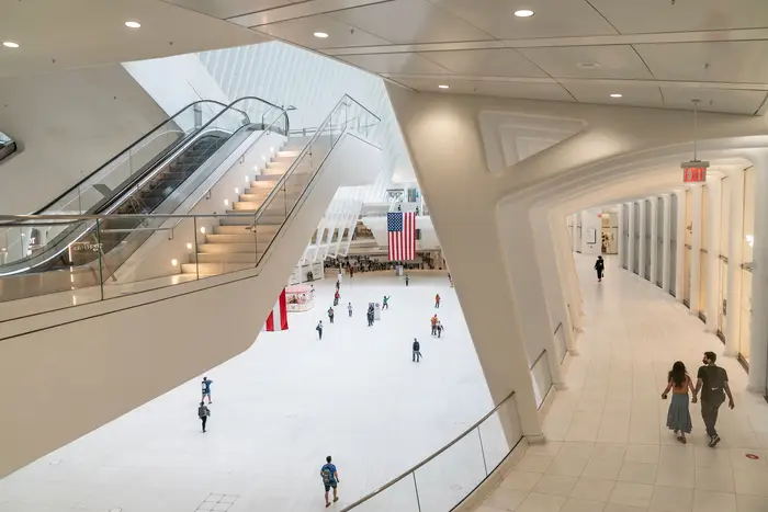 View of opened shopping mall inside Oculus transportation hub as part of Phase 4 reopening during pandemic.